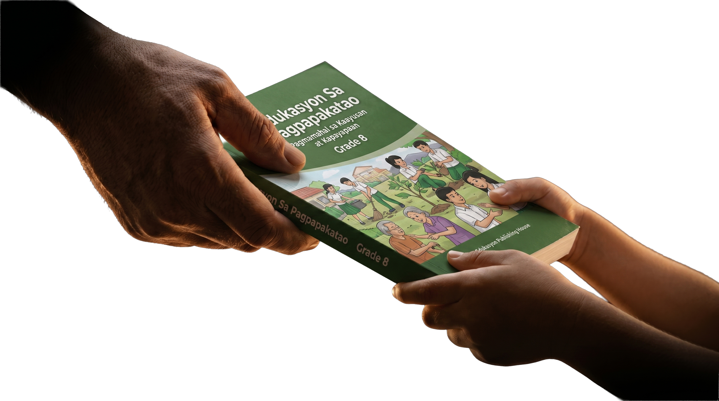 An adult hand passing an Edukasyon sa Pagpapakatao Grade 8 textbook to a child's hands